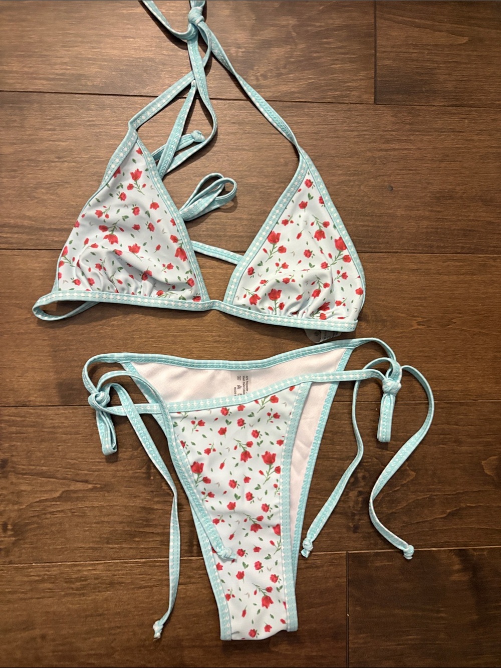 Floral Triangle String Bikini - Aqua Trim